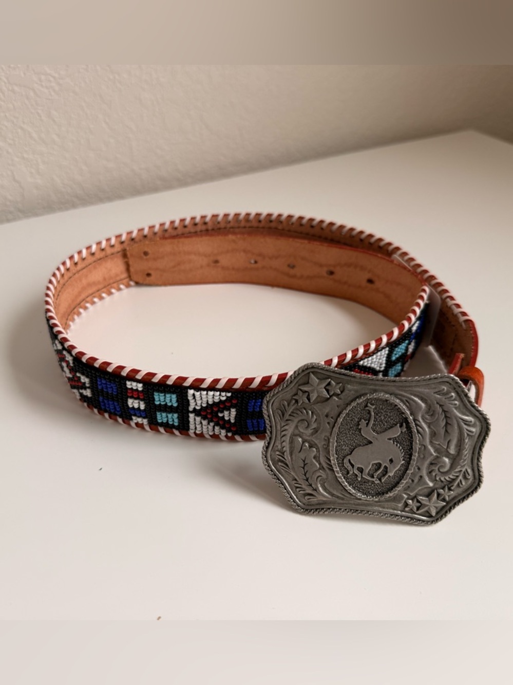 Western hand braided and beaded leather belt
